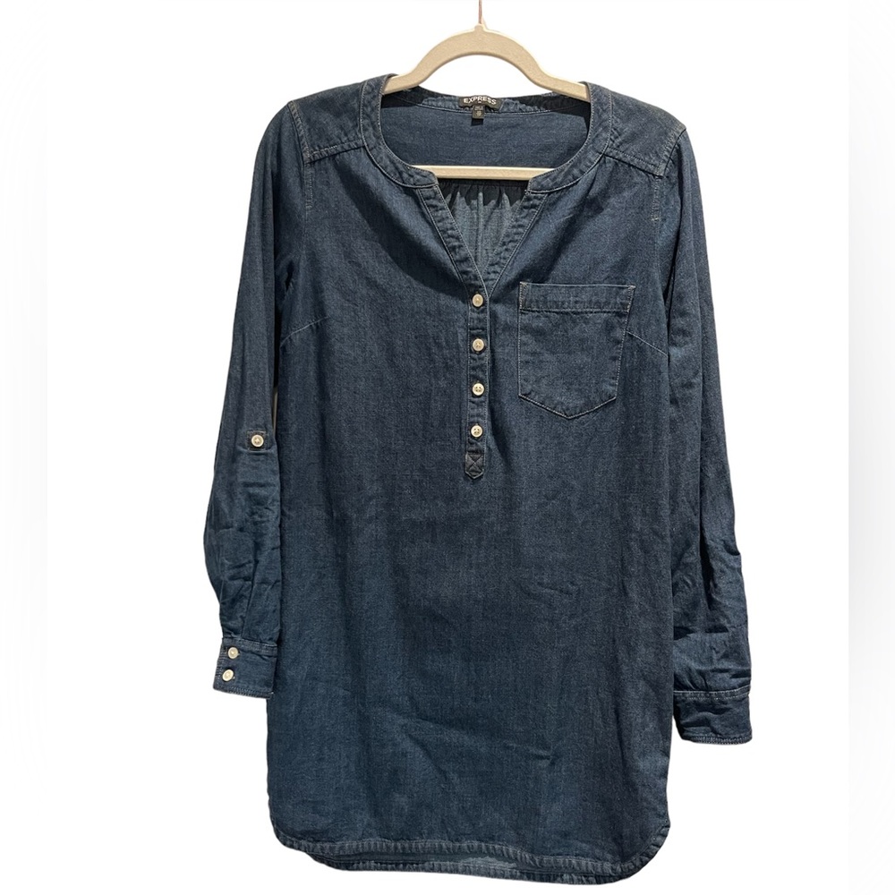 Express shirt dress denim shift jean dress v-neck adjustable sleeve